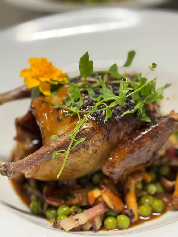 Pigeon rôti, petits pois et girolles